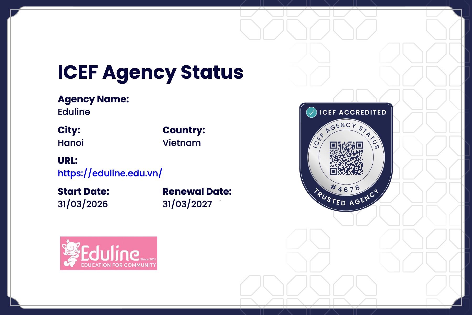 Chứng nhận ICEF Agency Status của Eduline (31/03/2026 – 31/03/2027)