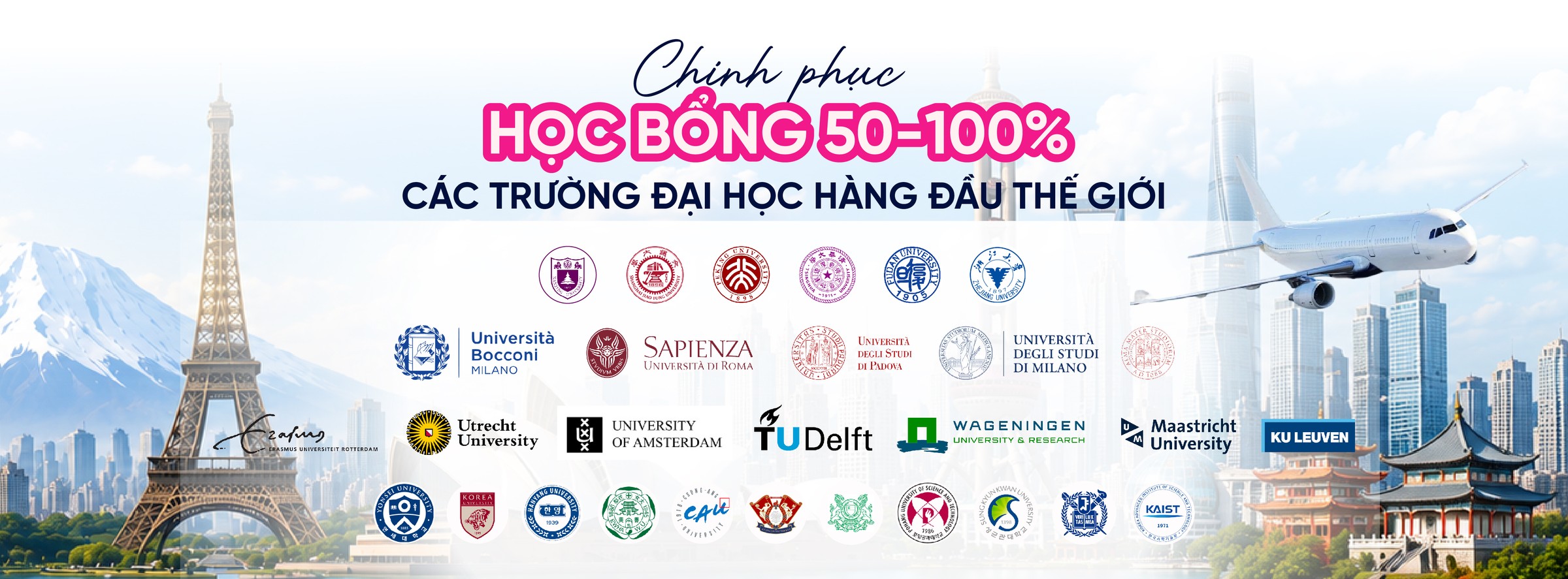 Chinh phục học bổng 50–100% tại các đại học hàng đầu thế giới, logo các trường đối tác